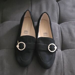 Liz Claiborne Black Loafers with Gold Buckles